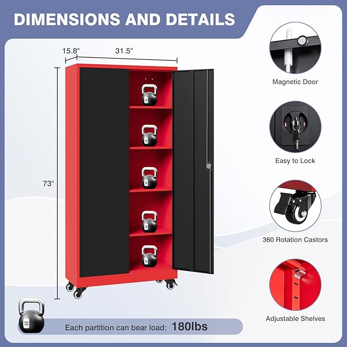 Metal Storage Cabinet with Wheels, Tall Garage Storage Cabinet with 4 Adjustable Shelves and 2 Doors, Lockable Tool Cabinet for Garage Home Office,Gym,School(Black-Red)