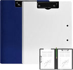 2 Pack Foldable Clipboards, A4 Office Clipboard Folder with Double Metal Clips, 360 Degree Foldable Binder Clipboard with Pen Holder, File Cover Work Folder Clipboards, White Blue