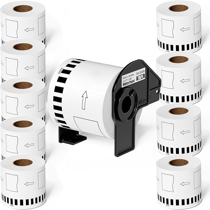 Suminey - Compatible Continuous Labels Replacement for Brother DK-2205 (2.4 in x 100 ft), Use with Brother QL Label Printers [10 Rolls+ 1 Refillable Cartridge]
