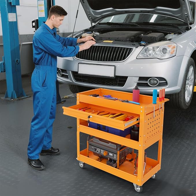 3 Tier Rolling Tool Cart on Wheels, 450 LBS Capacity Tool Cart with Drawers, Heavy Duty Rolling Utility Carts on Wheels, Rolling Tool Work Carts for Garage, Warehouse and Repair Shop,Orange
