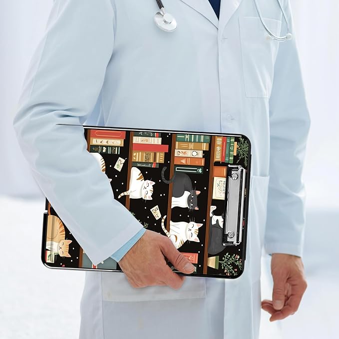 Clipboard with Storage, Hard Letter A4 Size Clip Board with Pen Holder & Paper Organizer, Heavy Duty Portable Writing Pad for Nurses Students Teachers Office Jobsite Contractor, Bookshelf Cat