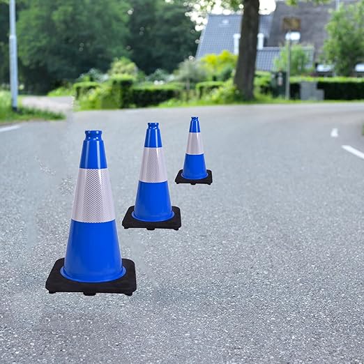 6 Pack 18 Inch Blue Traffic Cones with Reflective Stripes, Black Base Safety Cones for Parking Lots, Sports Events and Property Marking (6, Blue, 18 Inch)