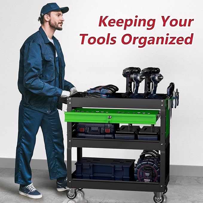 3 Tier Rolling Tool Cart on Wheels, Heavy Duty Industrial Utility Cart Service Cart with Drawer and Screwdriver Rack Pegboard, 550 LBS Mobile Tool Storage Organizer for Workshop, Garage(Green-Black)