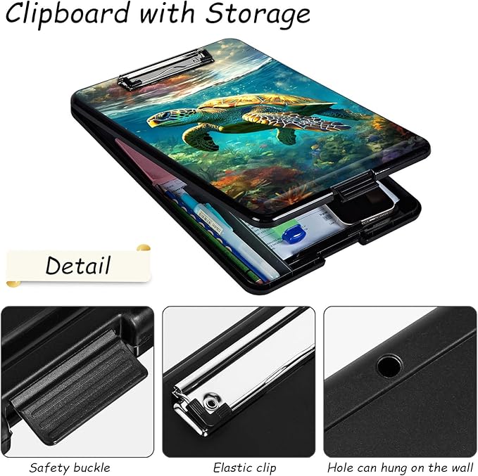 Clipboard with Storage, High Capacity Plastic Storage Clipboard with Pen Holder for Women Teachers Work, School & Office Supplies, Cute Pattern Decorative Clipboards, Sea Turtle