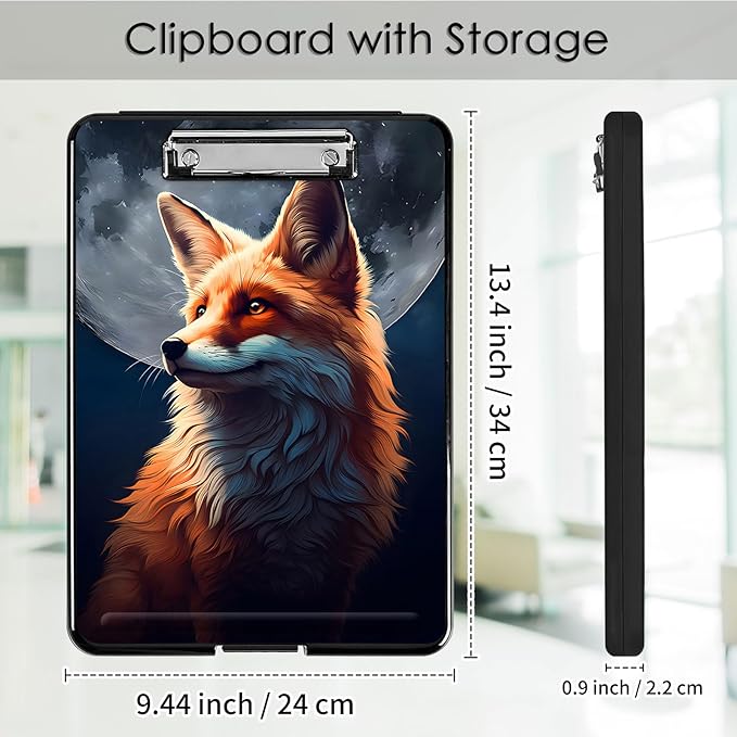 Clipboard with Storage,Office Supplies Nursing Clipboards Folder with Pen Holder Plastic Foldable Clip Board with Storage for Nurse Teacher,Fox and Moon
