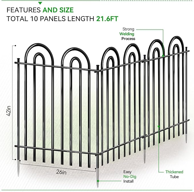 10 Panels Garden Tube Fence with Gate, 42in(H)×21.6ft(L) Tall No Dig Fence Animal Barrier, Heavy Duty Metal Decorative Garden Edging Border, Ground Defense Temporary Fencing for Outdoor Yard, Black