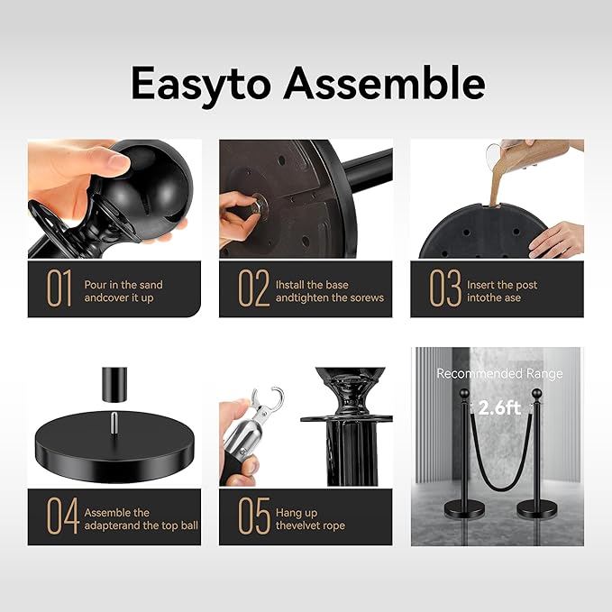 4PCS Black Stainless Steel Stanchions with 3PCS 5FT Velvet Black Ropes - Crowd Control Barriers with Ball Top and Hollow Base for Event,Party,Wedding