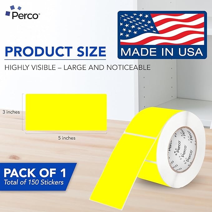 Perco Fluorescent Yellow 3x5 Inch Perforated Sticker Labels — 150 Stickers/Roll — with Permanent Adhesive for Inventory Management, Color Coding, Moving Boxes, Retail, Organizing & Crafts—Made in USA