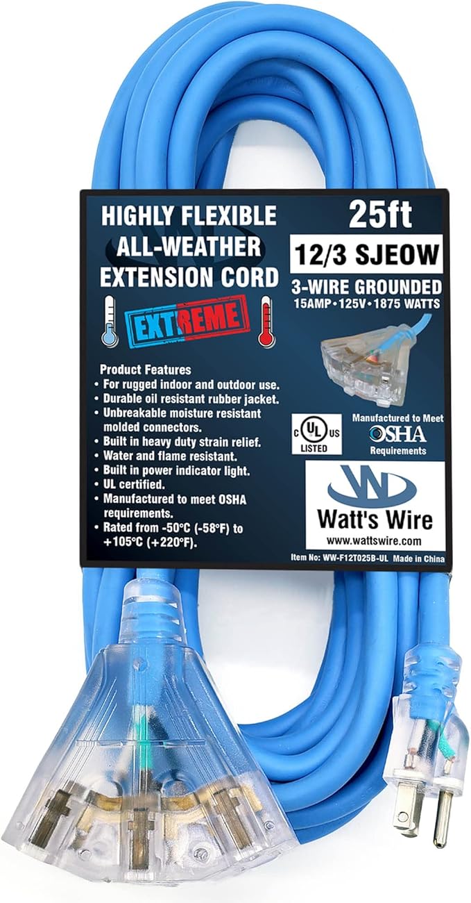 25 ft Extreme Cold Outdoor Extension Cord Waterproof - 12 Gauge Heavy Duty Extension Cord 25 ft - Lighted Outdoor Extension Cords with Multiple Outlets Oil-Resistant Flexible Cord - Watts Wire