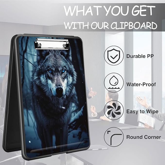Clipboard with Storage, High Capacity Plastic Storage Clipboard with Low Profile Clip for Women Teachers Work, School & Office Supplies, Cute Pattern Decorative Clipboards, Grey Wolf