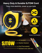 65FT Retractable Extension Cord Reel, 12AWG/3C SJTOW Heavy Duty Power Cord with Lighted Triple Outlets, 15A Circuit Breaker, 180° Swivel Removable Bracket for Wall/Ceiling Mount, UL Listed