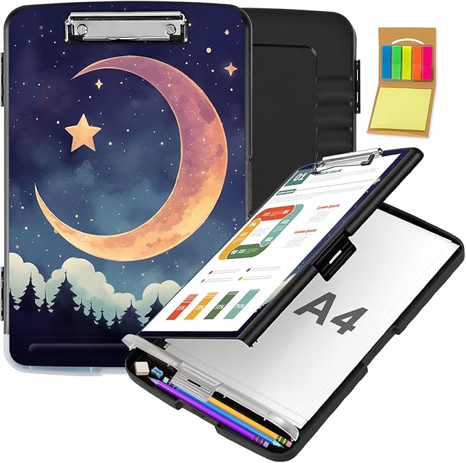 Clipboard with Storage,Office Supplies Nursing Clipboards Folder with Pen Holder Plastic Storage ClipBoard Foldable for Teacher Nurse,Moon Forest