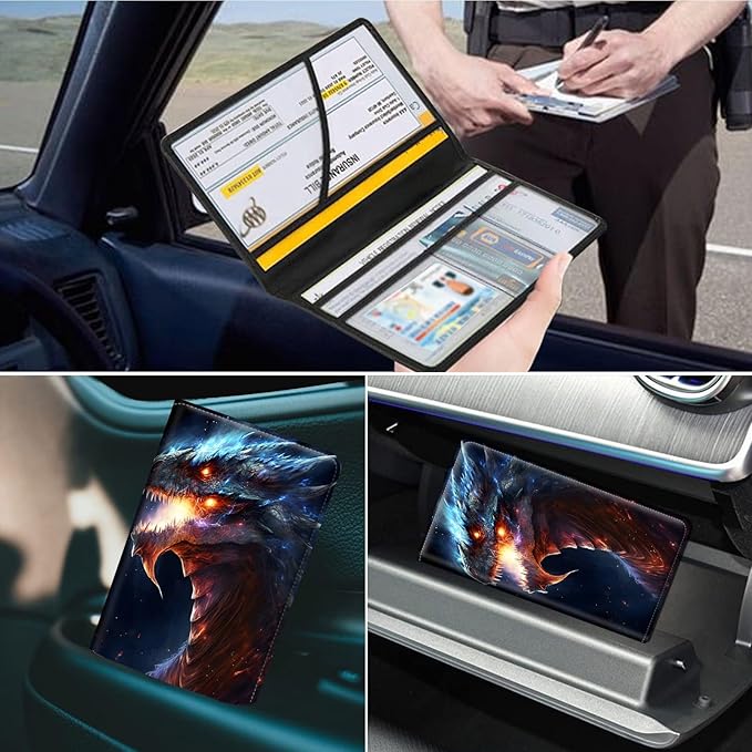 Dragon Print Car Organizer, Leather Glove Box Holder, 6 Compartments, Flame Dragon