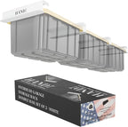 HANDT Overhead Garage Storage Rack, Connectable Heavy Duty Metal Ceiling Rails For Garage Storage Organization Shelving System, Hanging Racks For Tote Containers, Supports Up To 3 Bins, 2 Sets White