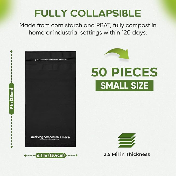 Premium Shipping Mailers 6x9 inch - Double-Sealed Mailing Bags, Industrial Strength Mailers, Reusable Multi-Layer Corn Starch Based Material, Small Business Shipping - 50 Pack