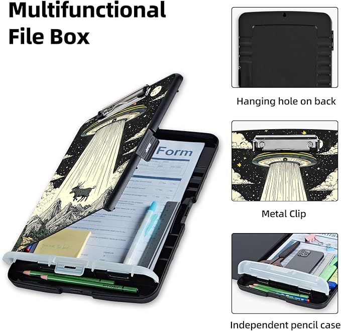 Clipboard with Storage Box & Pen Holder,Heavy Duty Clip Boards 8.5x11 for Nursing,High Capacity,School & Office Supplies,UFO Abduction