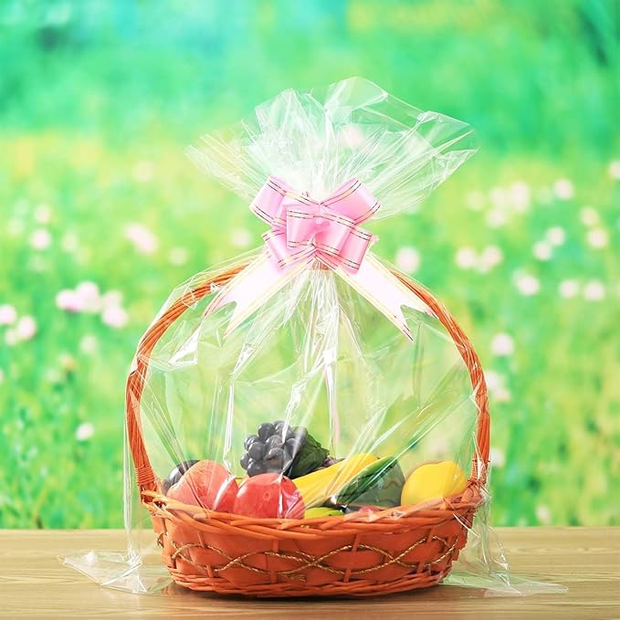 30 Packs Large Clear Cellophane Bags 14x20 18x24 24x30 Inches Jumbo Gift Basket Wraps Extra-large Transparent Plastic Bags for Fruit Basket, Gift Wrap, Treats, Arts and Crafts, 30 pcs Pull Ribbon Bow Ties