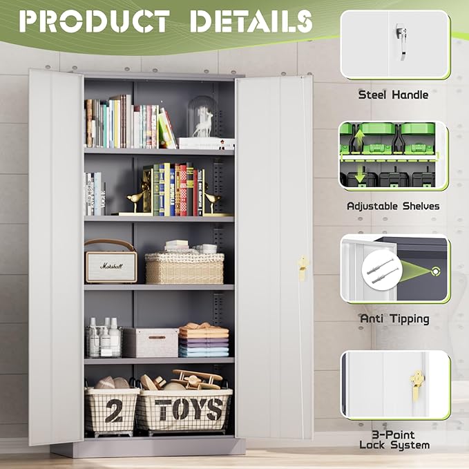 Crownland 72" Lockable Metal Storage Cabinet, Garage Storage Cabinets, High Office Cabinet with Adjustable Shelves for Garage, Home Office,Pantry, File(Grey White)