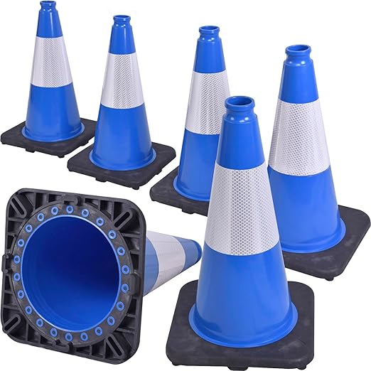 6 Pack 18" Inch Blue PVC Traffic Cones with Heavy-Duty Base, High-Visibility All-Weather Safety Cones for Road Construction, Parking Lot, and Garage Use (6, Blue, 18" Medium)