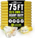 75ft Outdoor/Indoor Extension Cord 3-Outlet 12/3 Gauge Extra Heavy Duty ETL Listed, 3 Prong SJTW, Waterproof, Flexible Cold-Resistant Long Power Cord,15A 125V 1875W, Yellow by LifeSupplyUSA