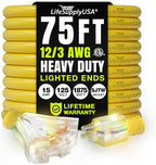 75ft Outdoor/Indoor Extension Cord 3-Outlet 12/3 Gauge Extra Heavy Duty ETL Listed, 3 Prong SJTW, Waterproof, Flexible Cold-Resistant Long Power Cord,15A 125V 1875W, Yellow by LifeSupplyUSA