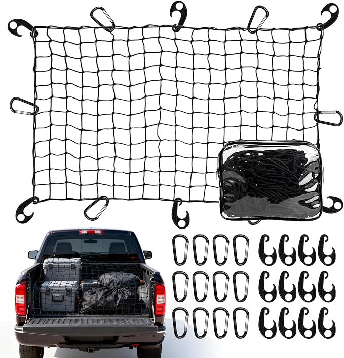 Elastic Cargo Net for Pickup Truck Bed (4' X 6' Stretches to 8' X 12'), Heavy Duty Cargo Net with 12 Pcs Steel Carabiners & 12 Pcs Sturdy Plastic Carabiners, for SUV, ATV, Trailer Tarp