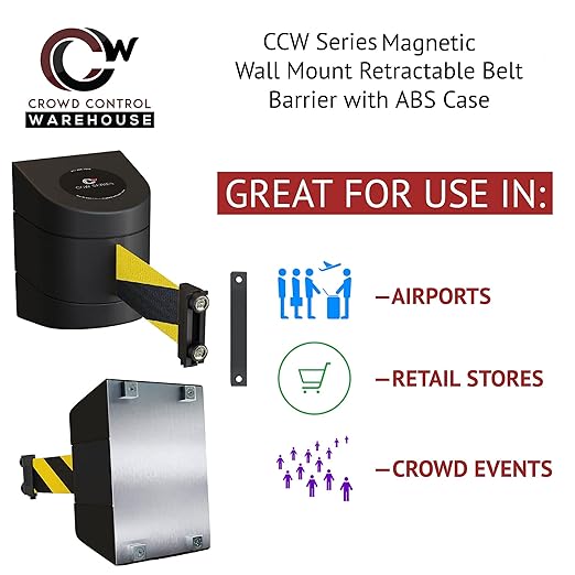 CCW Series WMB-230 Magnetic Wall Mount Retractable Belt Barrier (30 Foot Belt, Yellow with"Beware Open Pit" Black Letters Belt with Black ABS Case)