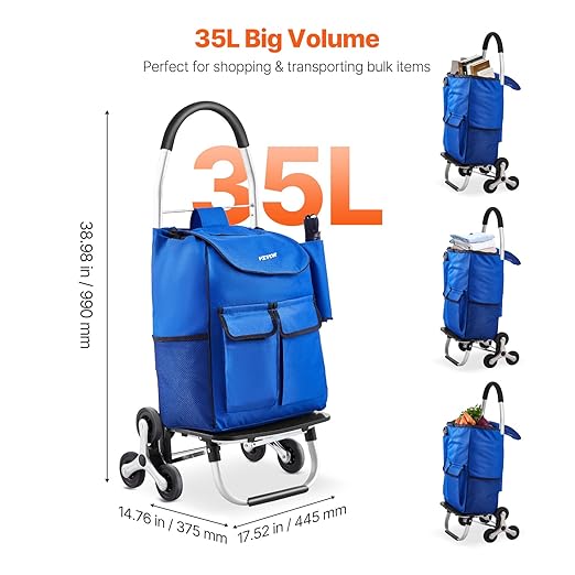 VEVOR Stair Climber Cart, 36L Capacity, Grocery Cart Laundry Stair Climbing Handcart with 6 Wheels & Oxford Cloth Bag, Foldable Stair Climber Hand Truck for Grocery Laundry Climbing