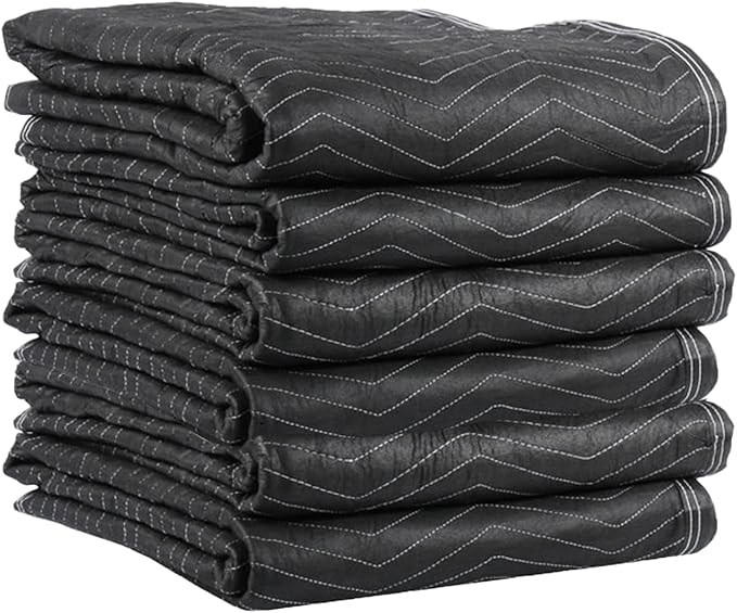 US Cargo Control Moving Blankets Heavy Duty 72"x80" 6-Pack, (65 lbs/doz), Heavy Duty Packing Blankets for Moving Furniture, Shipping, and Storage, Black Quilted Furniture Pads, MBDELUXE Econo Deluxe