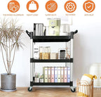 Utility Carts with Wheels,3-Tier Rolling Cart with Wheels, Heavy Duty 510 LBS Food Service Cart with Rubber Pad and Hammer for Kitchen/Office/Warehouse, 31.5" X 16.9" X 38.9"(Black)