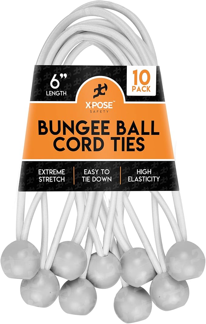 Xpose Safety Bungee Ball Cords 6" 10 Pack Heavy Duty White Stretch Rope with Ball Ties for Canopies, Tarps, Walls, Cable Organization