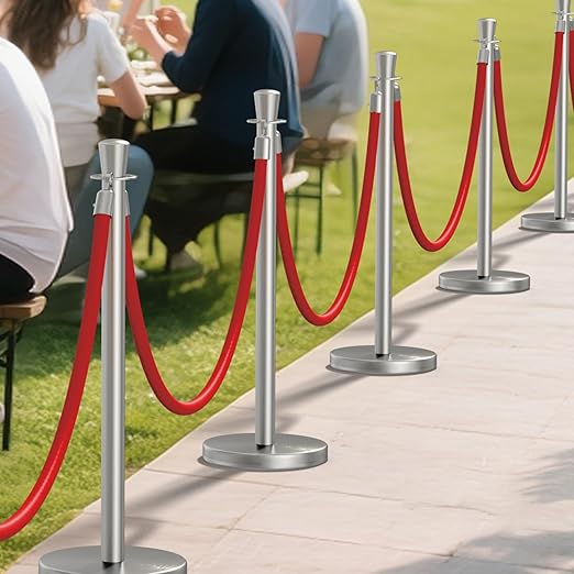 kaiyomi 8Pcs Stanchions with Red Velvet Ropes Set, 5 Feet Velvet Ropes and Posts Poles for Red Carpet Party Decoration and 360° Photo Booth (Silver)
