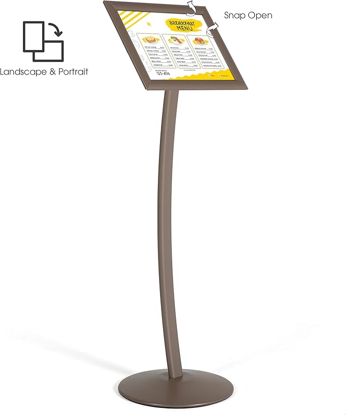 M&T Displays Curved Menu Board, 11x17 Pedestal Sign Holder Earth Color Floor Standing Aluminum Front Loading Easy Open Poster Message Advertisement Holder For Restaurant Cafe Hotel
