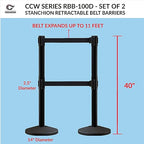 Crowd Control Warehouse CCW Series RBB-100D Set of 2 Stanchion Retractable Belt Barriers - Sloped Base, 7.5 Foot, Green Dual Belt with Black Post - Easy Assembly