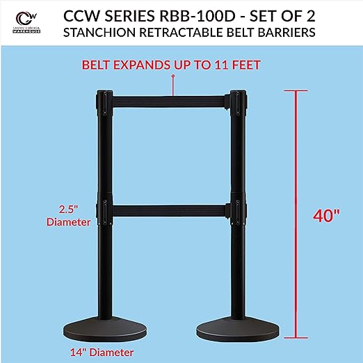 Crowd Control Warehouse CCW Series RBB-100D Set of 2 Stanchion Retractable Belt Barriers - Sloped Base, 11 Foot, Magenta and Yellow Diagonal Dual Belt with Black Post - Easy Assembly