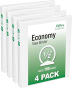 Office Essentials Economy View 3 Ring Binders, 0.5" Round Rings, 0.7" Spine, 100-Sheet Capacity, White Binders, Ideal for Occasional Use and Light Referencing (4-Pack of 03124)