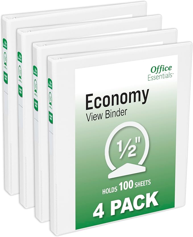 Office Essentials Economy View 3 Ring Binders, 0.5" Round Rings, 0.7" Spine, 100-Sheet Capacity, White Binders, Ideal for Occasional Use and Light Referencing (4-Pack of 03124)