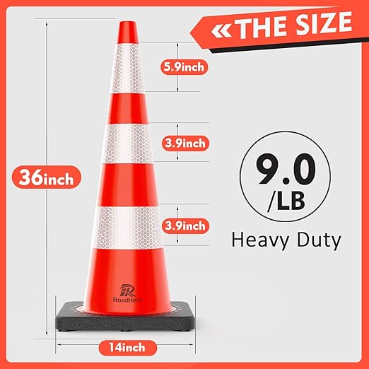RoadHero 4 Pack Traffic Safety Cones 36 Inch with Black Weighted Base, Plastic PVC Cone, Orange Cones with Reflective Collar, Cones for Parking Lot, Construction Events, Road Safety