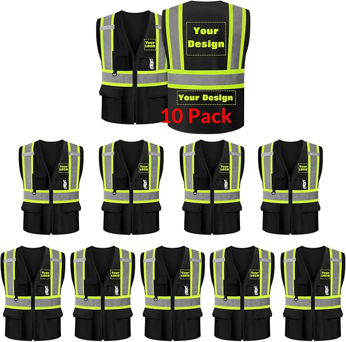 Safety Vest Customize Logo with 5 Pockets & Zipper Reflective High Visibility Vest Class 2 Outdoor Workwear