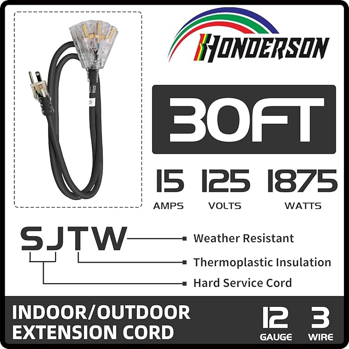 3-Outlets Indoor Outdoor Extension Cord Weatherproof with Lighted End, UL Listed, 12 Gauge 30FT Black 3 Prong Heavy Duty, 12/3 SJTW 15A Power Cord