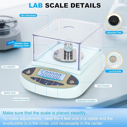 Lab Scale 500g*0.001g,High Precision Accurate Analytical Balance with Windshield,Lab Scale Electronic Scientific Scale Digital Precision Weighing Scale Jewelry Scales(with 200g Calibration Weight)