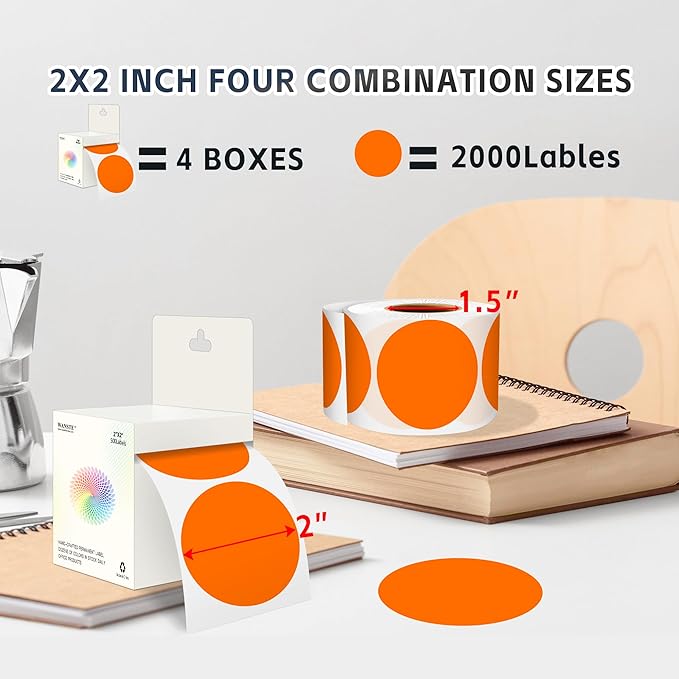 2 - Inch Round Orange Color - Coding Stickers,4 Rolls, 2000 PCS Multipurpose Strong - Adhesive Labels for Office,Inventory,Organizing
