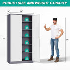 Wide & Deep Metal Storage Cabinet with 2 Doors and 5 Adjustable Shelves,72 inch Tall Locking Garage Storage Cabinet with Lock,Gray White Pantry Cabinets,Steel Cabinets for Home,Office,Garage 72x36x18