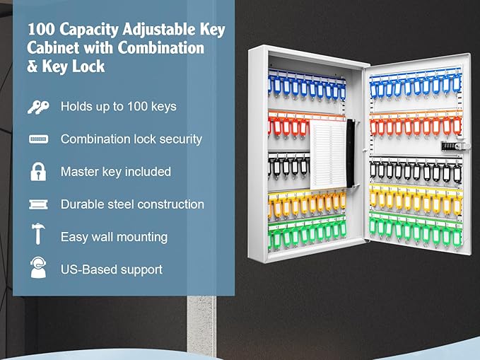 Barska 100 Position Combination Key Lock Box – Wall Mount Steel Key Cabinet with Adjustable Numbered Hooks, Index Log, Colored Tags for Office or Business