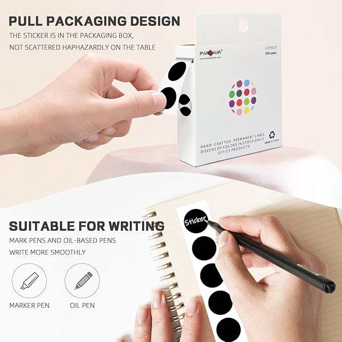 PARLAIM 1/2 Inch Round Adhesive Color-Code Dot Stickers,500 Stickers Inventory Dots Label in Dispenser Box,Black Circle Coding Labels for Office Home(Black)