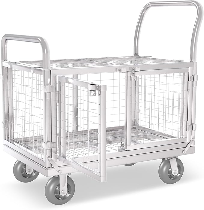 Platform Truck Cart with Cage 2-Door Design 7 in 1 Mutipurpose Handcart with 5" Wheel 39"x25" Large Uitility Cart, Mesh Plate w/Removalble Fence 6-Side, Load 2000lbs for Grocery/Laundry/Stall/Storage