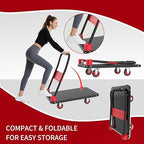 Foldable Platform Push Cart Dolly – 330lbs Heavy Duty Flat Bed Cart with 360° TPR Mute Wheels & Anti-Collision Strips, Easy Maneuver for Household Tasks & Moving, Black Red