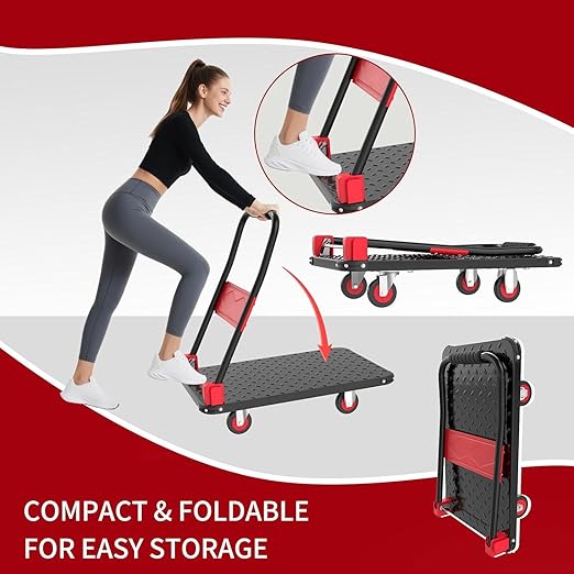 Foldable Platform Push Cart Dolly – 330lbs Heavy Duty Flat Bed Cart with 360° TPR Mute Wheels & Anti-Collision Strips, Easy Maneuver for Household Tasks & Moving, Black Red