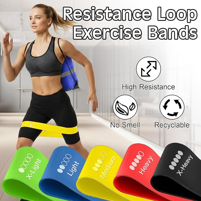 Sratte 120 Pcs Workout Loop Resistance Bands Bulk, Gym Elastic Bands Set for Fitness Sport Class Students Members Gift Physical, 5 Pieces Each Set, with Large Drawstring Backpack Bags
