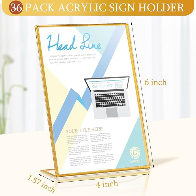 36 Pack Acrylic Sign Holder Gold Frame Table Numbers Slanted Back Menu Display Stand Clear Flyer Document Photo Display Holders Plastic Table Signs for Wedding Office(Vertical Style,4 x 6 Inch)